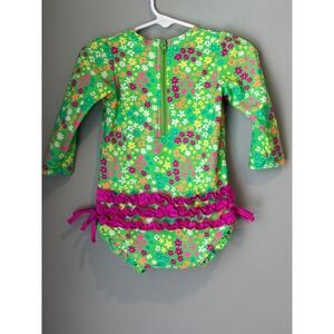 RuffleButts Girls Green Floral Star Rash Guard Swimsuit 18-24M Long Sleeve